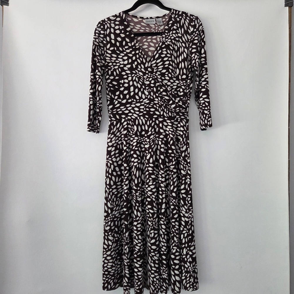 Chico's Faux Wrap Midi Dress Brown White Petal Print Women's Size 0 Small